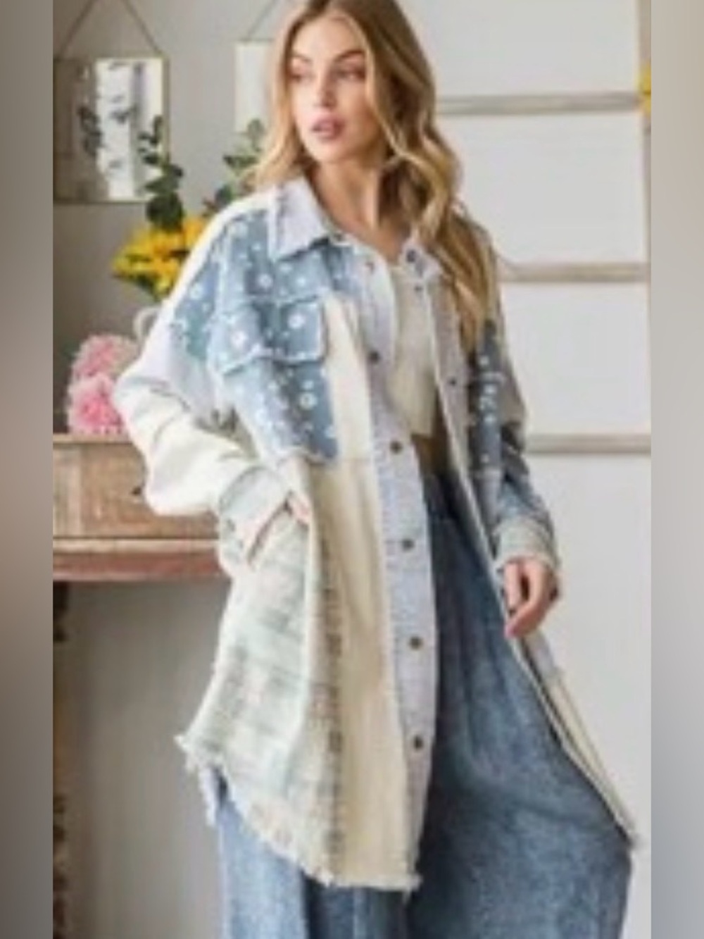 oli & hali blue daisy patchwork jean jacket
